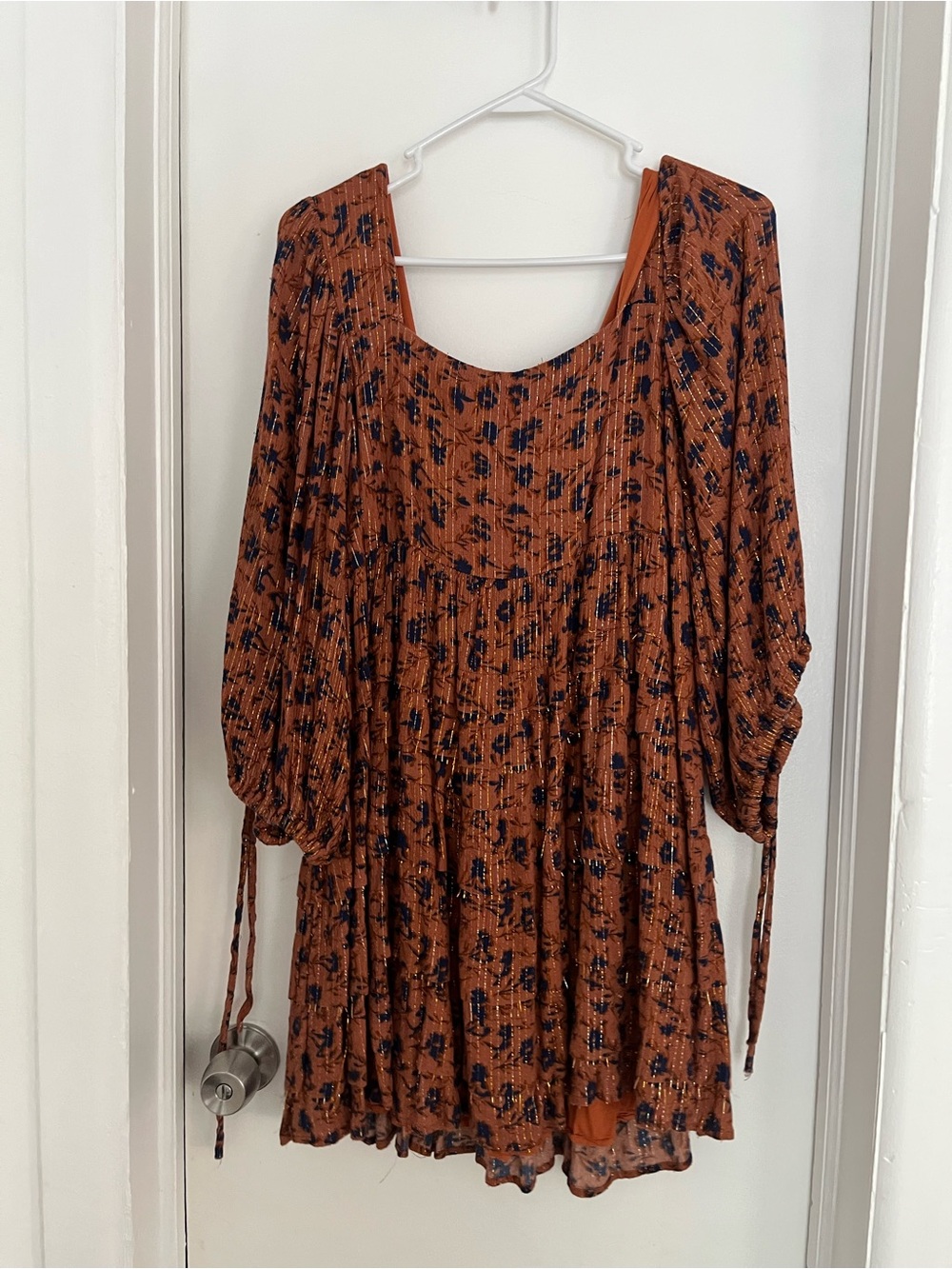 Free People Rust Floral Smocked Mini Dress with Navy Print